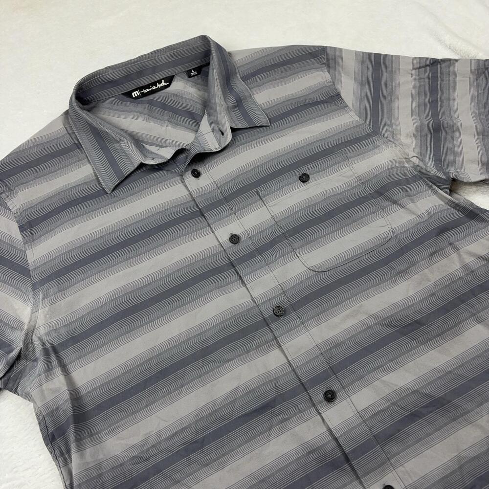 Travis Mathew Button Up Shirt Men L Gray Striped Short Sleeve Pockets Woven